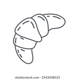 Black and white outline drawing of croissant in simple linear style. French pastry dessert. Flat vector monochrome illustration isolated on white background.