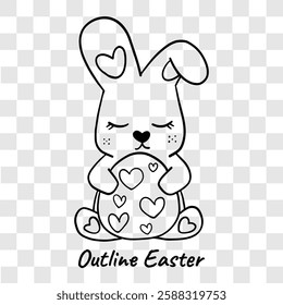  Black and white outline drawing of a cute Easter bunny holding a heart-decorated egg, perfect for coloring pages or festive designs