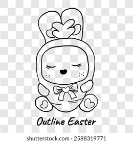 Black and white outline drawing of a cute Easter bunny with a bow, heart details, and closed eyes, ideal for coloring pages