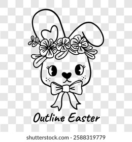 Black and white outline drawing of a cute Easter bunny wearing a floral crown and bow, perfect for coloring pages and festive decorations