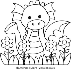 A black and white outline drawing of a cute cartoon dragon with wings, standing among flowers and grass.