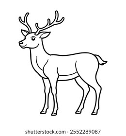 Black and white outline drawing of a deer with antlers, standing gracefully in a side profile