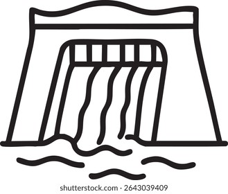 A black and white outline drawing depicts a hydroelectric dam with water cascading down into a body of water with waves.