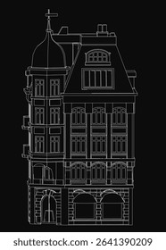 A black and white outline drawing of a Dutch-style building featuring a prominent clock tower, intricate windows, and detailed balconies. The architectural sketch highlights traditional Netherlands.