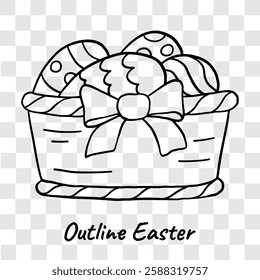 Black and white outline drawing of an Easter basket filled with decorated eggs and tied with a ribbon, perfect for coloring pages and festive designs