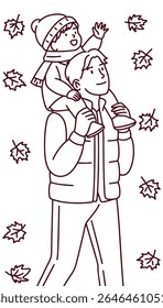 Black and white outline drawing of father carrying child on shoulders among autumn leaves, designed for coloring books and learning