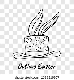 Black and white outline drawing of a festive Easter hat decorated with hearts and bunny ears, perfect for coloring pages and holiday designs