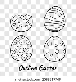 Black and white outline drawing of four decorated Easter eggs with various patterns, perfect for coloring pages, crafts, and festive designs