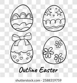 Black and white outline drawing of four decorated Easter eggs featuring bows, stars, hearts, and flowers, perfect for coloring pages and festive designs