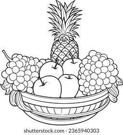 a black and white outline drawing of a fruit in the basket