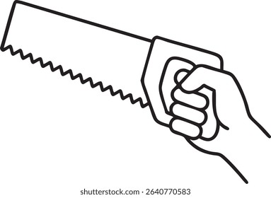 A black and white outline drawing of a hand holding a saw, ideal for carpentry or woodworking illustrations.