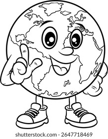 A black and white outline drawing of a happy Earth mascot with cartoon eyes, hands, and shoes, pointing upwards