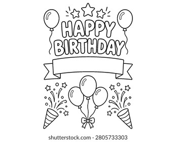 Black and white outline drawing of happy birthday banner, balloons, stars, and confetti, vector illustration.