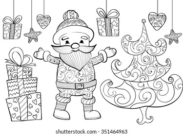 Black and white outline drawing. Happy New Year and Christmas paint. 
Holiday Coloring anti stress for children.