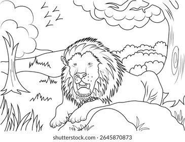 Black and White Outline Drawing of a Majestic Male Lion Relaxing in a Grassy Savanna Landscape, Perfect for Coloring Books, Children's Activities, and Wildlife Illustrations