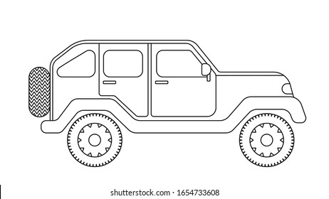 Black and white outline drawing off-road vehicle in profile