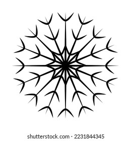 Black and white Outline drawing openwork snowflake in a minimalist style. Abstract backdrop. Isolate