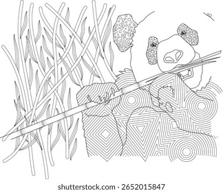 Black and white outline drawing of a panda eating bamboo, intricate patterns for an adult coloring book or children's activity.