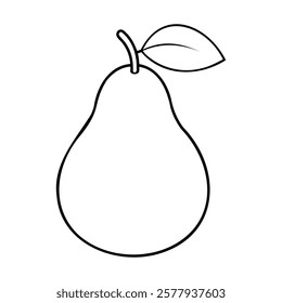 Black and white outline drawing of a pear with a stem and leaf