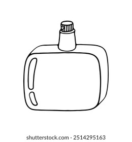 Un dibujo de contorno en blanco y negro de una botella de perfume rectangular con una tapa cilíndrica
