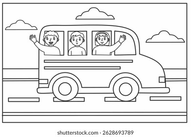 A black and white outline drawing of a school bus with children waving from the windows.Back to school coloring page foe kids, bus school coloring activity for kids