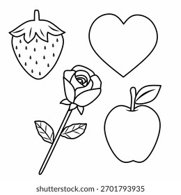 Conjunto de dibujo de contorno en blanco y negro con objetos de color rojo: rosa, corazón, manzana y fresa. Perfecto para hojas de trabajo preescolares y actividades para colorear para aprender colores.