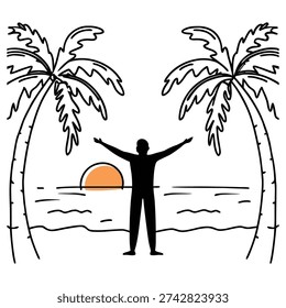 Black and white outline drawing shows a silhouetted person on a beach, arms wide, framed by two palm trees, facing an orange sun over water. Vector illustration.