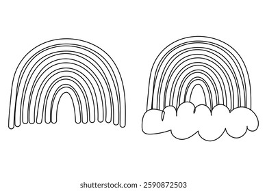 Black and white outline drawing of a simple rainbow and cloud. Perfect for coloring, kids activities, and educational worksheets.