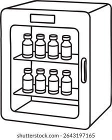 A black and white outline drawing of a small refrigerator containing two shelves with several small bottles, likely medicine or vaccine, inside.