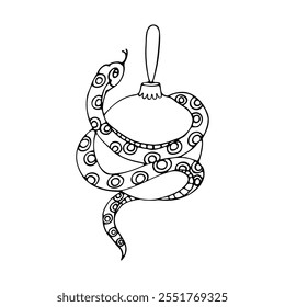black and white outline drawing of a snake on a Christmas ball, hand-drawn in a cartoon style.