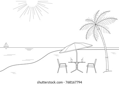 Black and white outline drawing of a striped beach umbrella and the two wooden chairs on a white background, vector illustration