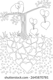 Black and white outline drawing of sweet love birds, hearts, and balloons - Ideal for kids' coloring books, Valentine's Day crafts, or greeting card designs.