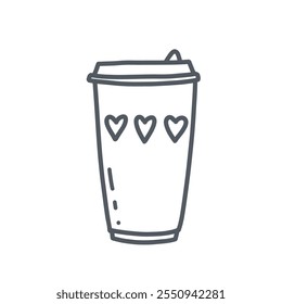 Black and white outline drawing of take away coffee cup in simple linear style. Flat vector monochrome illustration isolated on white background.