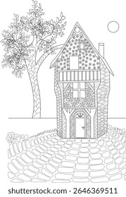 Black and white outline drawing of a whimsical medieval-style house with a tree and path, ideal for adult and children's coloring.