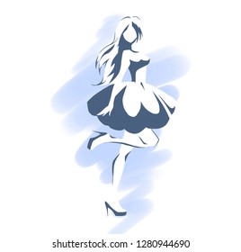 Black and white outline drawing with young slender girl in evening dress. Silhouette of elegant beautiful woman. Vector hand drawing.