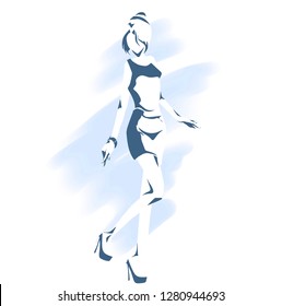 Black and white outline drawing with young slender girl. Silhouette of elegant beautiful woman. Vector hand drawing.