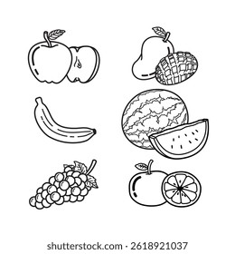 Desenhos de contorno preto e branco de várias frutas para colorir e aprender