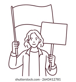 Black and white outline of elderly protester holding blank sign and flag. Suitable for coloring, activism materials or editorial design.