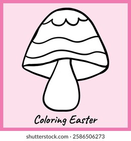 Black and white outline of a fantasy-style mushroom with decorative patterns, perfect for Easter and nature-themed coloring activities. Fun printable for kids