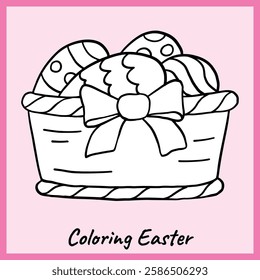 Black and white outline of a festive Easter basket filled with decorated eggs and tied with a bow. A fun and creative printable for kids and crafts