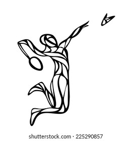 Black and white outline figure of a professional badminton player. Silhouette of abstract badminton player doing smash shot. Vector illustration
