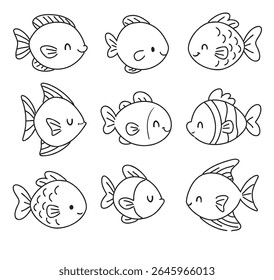 Black and White Outline Fish Cute Hand Drawn Vector Sea Animals Set for Coloring and Kids Education