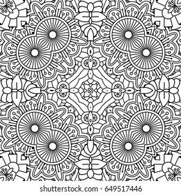 Black and white outline floral background. Adult coloring pattern with flowers and leaves. Vector illustration