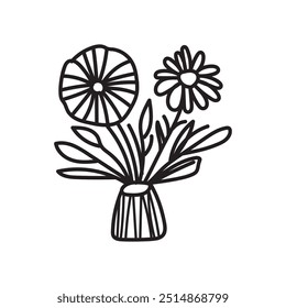 Black and white outline flower vase illustration on white background.