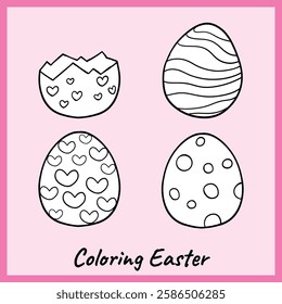 Black and white outline of four decorated Easter eggs featuring hearts, stripes, polka dots, and a cracked egg design. A fun and creative printable for kids