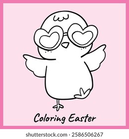 Black and white outline of a fun and stylish baby chick wearing heart-shaped glasses, perfect for Easter-themed coloring activities. A cute and creative printable for kids