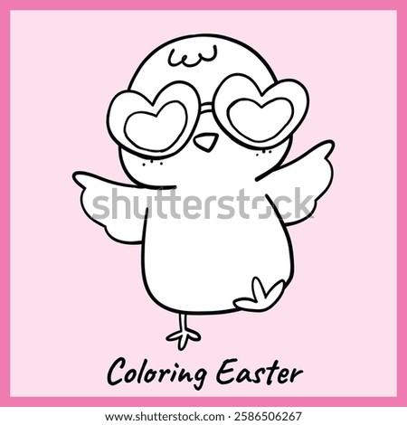 Black and white outline of a fun and stylish baby chick wearing heart-shaped glasses, perfect for Easter-themed coloring activities. A cute and creative printable for kids