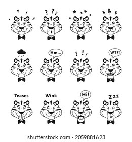 Black white outline funny tigers heads set with facial expression. Happy striped wild cat emoticon on white background. Kids coloring page. Animal face sketch with emotion line vector illustration.