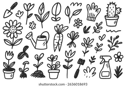 Black and white outline of garden doodles including plants, flowers, tools and gardening objects