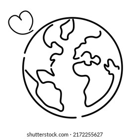 Black and white outline globe with love heart sign, international earth day template design, America and Europe continent illustration vector